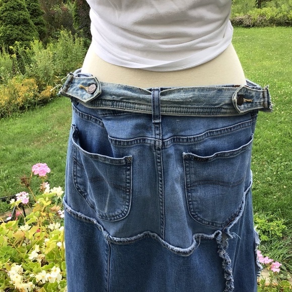 Boho up-cycled denim patch distressed jean maxi skirt / Lee 16 adjustabl… - Picture 7 of 13